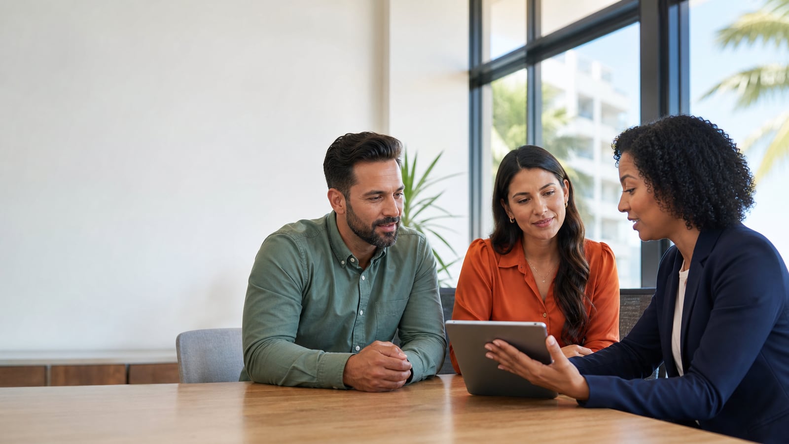 Florida small business owner and insurance advisor reviewing employee health coverage options